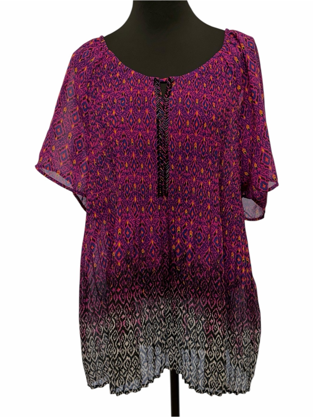 Catherines Petite 3XWP Pink Purple Ikat Ombre Beaded Pleated Blouse Top